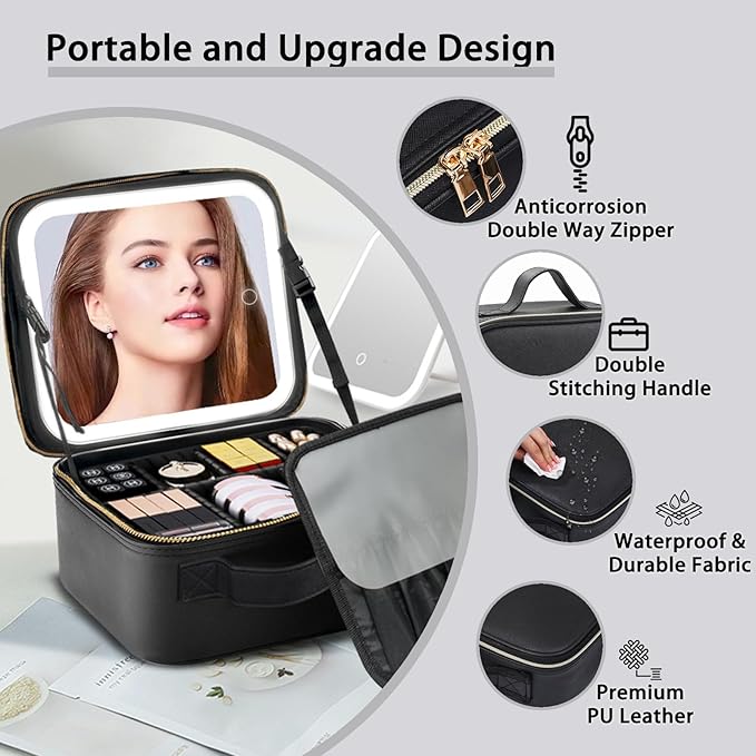 Travel Makeup Bag with LED Lighted Mirror,Cosmetics Organizer, with 3 Color Lighted Setting, Portable Storage and Adjustable Dividers Travel Makeup Bag(Black)