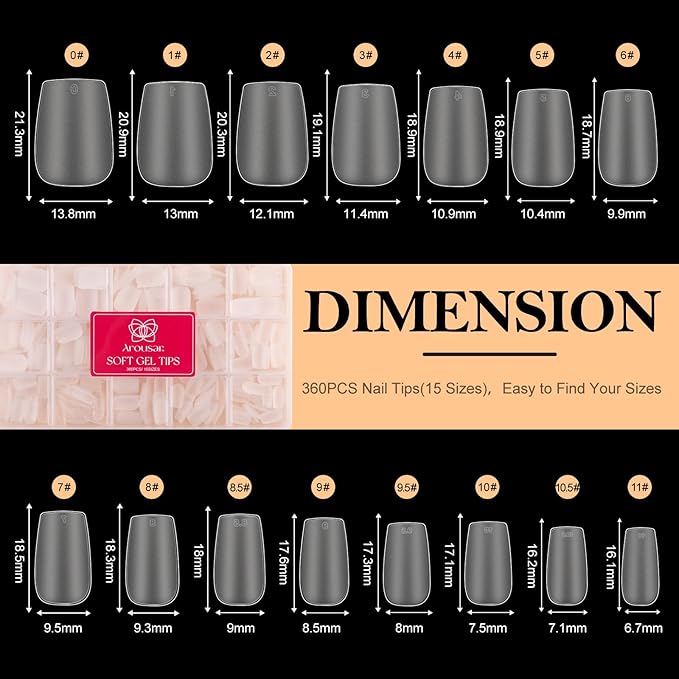 360pcs Short Coffin Nail Tips Kit, Clear Acrylic Nail Extension Set in 15 Sizes, Matte Full Cover Press on False Nail Tips with 20ml*2 Glue Gel & UV Nail Lamp, Spring Summer DIY Salon Gift
