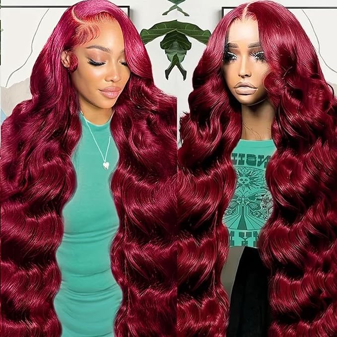 30 Inch 99J Burgundy Lace Front Wigs Human Hair Wine Red Colored Body Wave 13x6 HD Lace Frontal Wigs Human Hair Pre Plucked with Baby Hair Glueless 200% Density Human Hair Wigs for Women