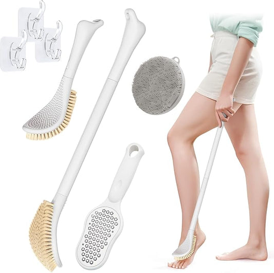 New Foot Brush for Shower, 3-in-1 Bath Scrubber for Wet or Dry Brushing, 10.2’’-27.5’’Adjustable Foot Scrub Brush, Foot File and Silicone Body Scrubber Set, Giftbox(White Kit)
