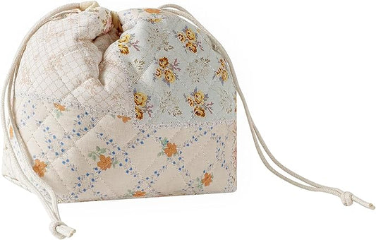 Cotton Quilted Drawstring Makeup Bag with Canvas Lining,Coquette Aesthetic Cute Travel Toiletry Bag,Drawstring Gift Bag for Women and Girls（08Pink Flower）