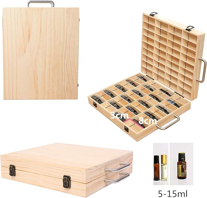 VolksRose Essential Oil Storage Wooden Box, 72 Slots for 5-15ml Essential Oil Roller Bottles, Carrying Case Display Large Organizer Gift Box Container for Travel, Presentation, Nail Polish, Makeup