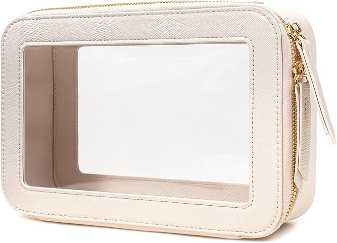 Clear Makeup Bags TSA Approved Toiletry Bag Handle Large Opening,Clear Toiletry Bags for Carry-on Traveling Travel Car Accessories Essentials Organziation Storage for Women Girls(Off White, Middle)