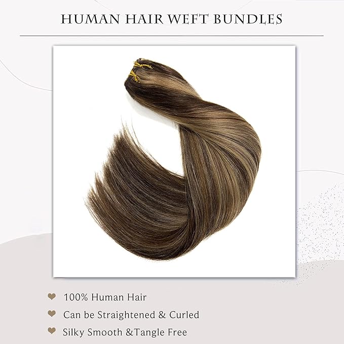 Ubetta Sew-in Human Hair Extensions - Dark Brown Balayage Ash Brown Hand Tied Weft Bundles - 14 Inch 80G