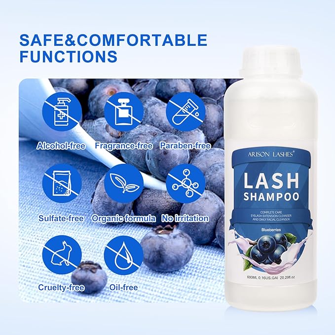 ARISON LASHES Eyelash Extension Shampoo 600ml / Eyelid Foaming Cleanser/Wash for Extensions and Natural Lashes/Paraben & Sulfate Free Safe Makeup & / Professional & Self Use (Blueberry)