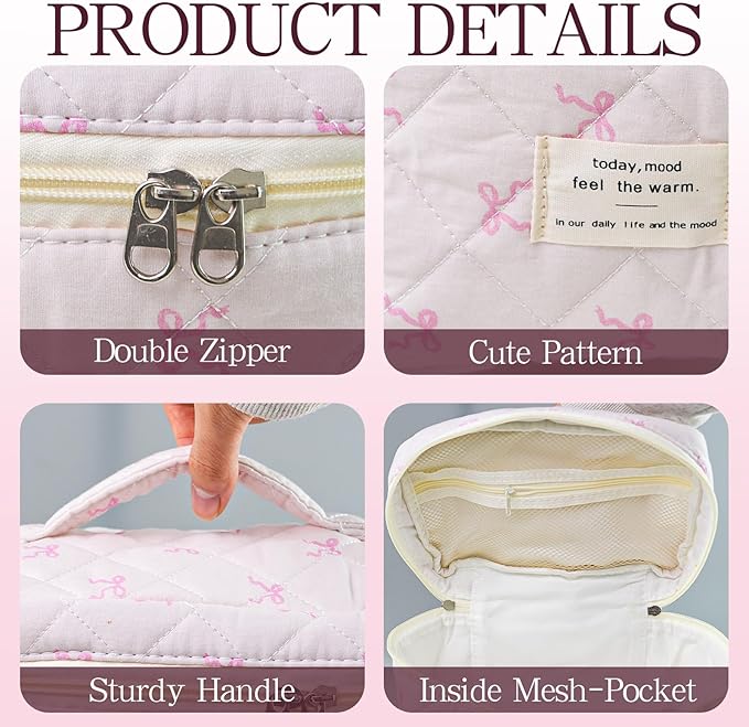 3Pcs Quilted Makeup Bag, Cute Floral Cotton Cosmetic Bag set, Coquette Bow Makeup Pouch Large Travel Toiletry Bag