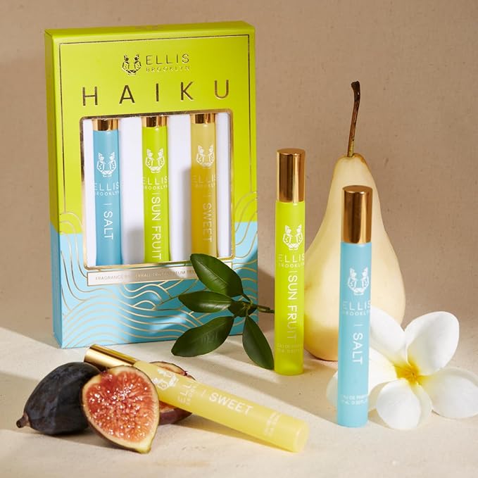 Ellis Brooklyn HAIKU Fragrance Trio - Clean Perfume, SALT, SWEET, & SUN FRUIT Rollerball Perfume for Women, Travel Size Perfume Gift Sets for Women