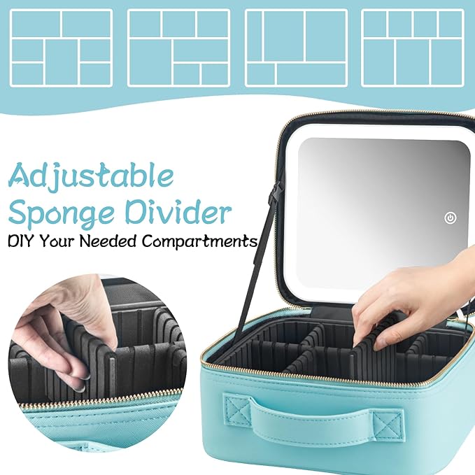 Makeup Travel Train Case with Mirror LED Light 3 Adjustable Brightness Cosmetic Bag Portable Storage Adjustable Partition Waterproof Makeup Brushes Makeup Jewelry Gift for Women (light blue)