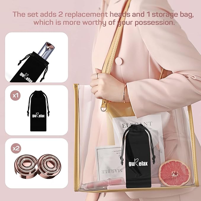 Facial Hair Remover for Women's Face Chin Lip Mustache Neck Armpit Peach Fuzz, Gurelax Electric Painless Hair Removal Device with 2 Replacement Heads