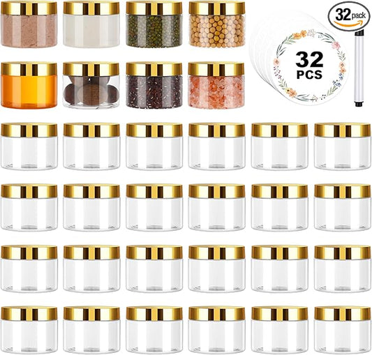 32 Pack 5 oz Plastic Jars with Gold Lids, Clear Empty Body Butter Containers Travel Size Cosmetic Bottles for Make Up and Food Storage