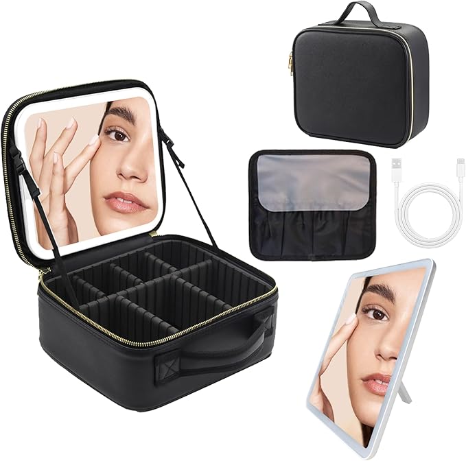 Travel Makeup Bag with LED Lighted Mirror,Cosmetics Organizer, with 3 Color Lighted Setting, Portable Storage and Adjustable Dividers Travel Makeup Bag(Black)