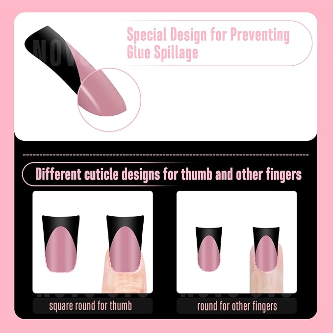 Black French Tip Short Duck Nail Tips Press on, BERRY PINK Pre-designed Soft Gel Nail Extension, Extra thick Full Cover Matte Vrial False Nails for DIY x 12 Sizes 240 pcs