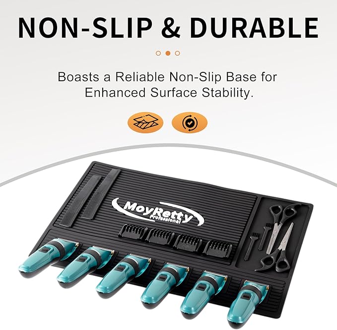 MoyRetty Magnetic Barber Mat for Clippers, (18.9" x 12.6") 6 Strong Magnetic Organizer Stations for Heavy Clippers and Trimmers, Professional Barbers Anti-Skid Rubber Mat(Black)