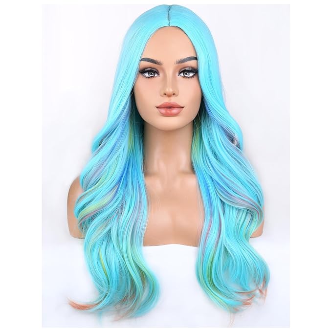 BERON Blue Mixed Colorful Wigs Long Wavy Wig for Women Girls Middle Part Heat Resistant Synthetic Hair Wigs for Cosplay Party Daily or Use