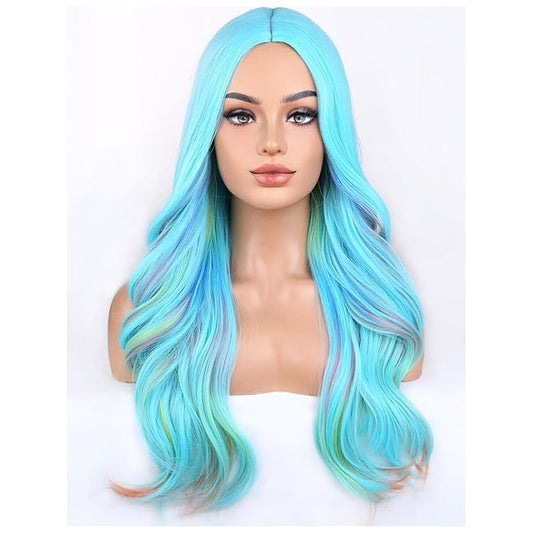 BERON Blue Mixed Colorful Wigs Long Wavy Wig for Women Girls Middle Part Heat Resistant Synthetic Hair Wigs for Cosplay Party Daily or Use