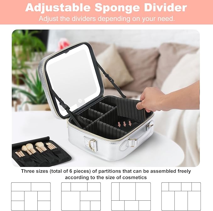 Mocado Travel Makeup Bag with LED Lighted Mirror,Travel Makeup Organizer,Makeup Case with 3 Color Lighted Setting and 10x Magnifying Mirror,Portable Storage and Adjustable Dividers Makeup Box(Silver)