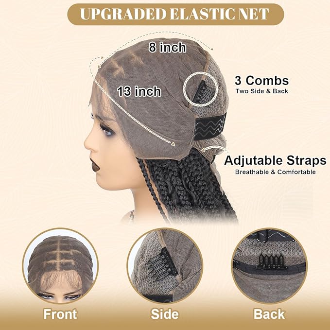 13x8 HD Lace Boho Braided Wigs for Black Women, 18 inch Knotless Box Braid Wig with Curly Hair, Medium Boho Box Braid Wig