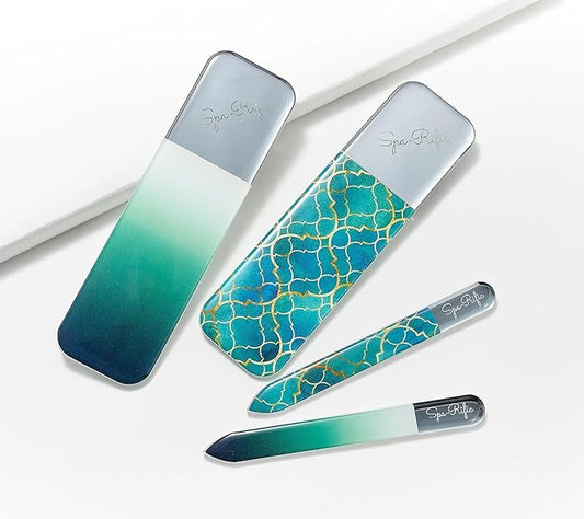 Spa-Rific 4pc Nano File Set: Professional Heavy Duty Glass Nail Files with Case Kit - Reusable Crystal Fingernail Manicure and Pedicure Tools for Men, Women, and Adults - Moroccan Tile/Teal Ombre