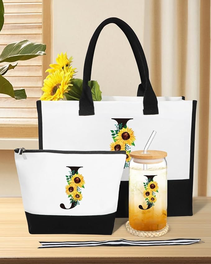 Personalized Gifts for Women, Monogrammed Gifts for Women, Initial Monogram Gifts Sunflower Birthday Gifts for Women Mom Sister Best Friends - Monogrammed Canvas Tote Bag & Makeup Bag & Glass Cup J