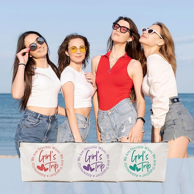 3Pcs Girls Trip Gifts Favors, Bestie Gifts Funny Makeup Bag, 2025 Girls Weekend Gifts Travel Gifts Cosmetic Bag, Friendship Gifts for Women Friend Weekend Bag, Graduation Wedding Gifts Toiletry Bag