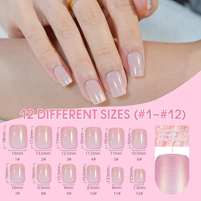 Chrome French Tip Press on Nails Short, Cat EyeSalon-Like Acrylic Fake Nails with Mermaid Pearl Chrome Gold Foil End Designs, Glossy & Natural Short Nails Press On