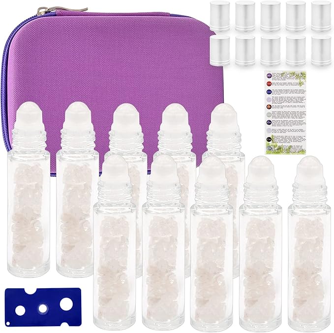Essential Oil Roller Bottle 10ml w EVA Carrying Travel Case（Clear Glass Bottle with silver Cap、10pack、Gemstone Roller Balls、Crystal Chips Inside、Opener Gemstone Roller Ball Bottles