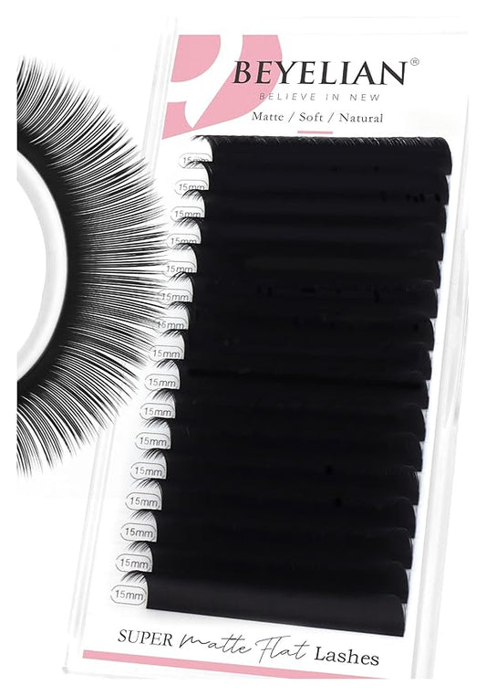 BEYELIAN Flat Eyelash Extension, Ellipse Lash Extensions 0.20 C Curl 15mm 16 Rows Matte Black Eyelash Extension Supplies Classic Lash Extensions Individual Eyelashes Salon Use