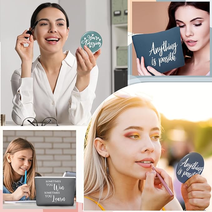 20 Pcs Employee Appreciation Gifts 10 Inspirational Canvas Makeup Bags 10 Compact Mirrors Bulk Cosmetic Bags Round Portable Pocket Mirror Thank You Gifts for Women (Incentive)