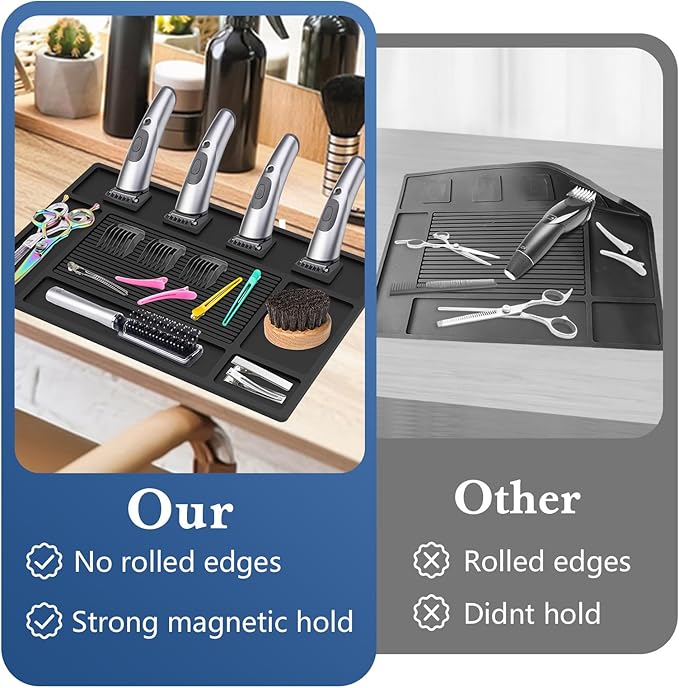 Magnetic Barber Mat for Clippers,Station Barber Tool Organizer Mat Rubber for Scissors Salon Barbershop Beauty Tools with 4 Slots Flexible Silicone Barber Pad Non-Slip Professional Barber Accessories