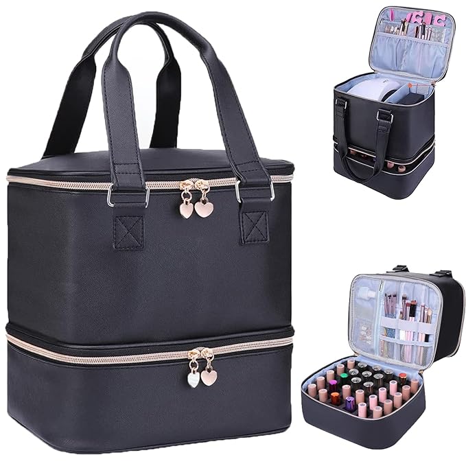 Nail Polish Organizer Case Hold 30+ Bottles (15ml/0.5 fl.oz) and a Nail Lamp, Double-Layer Nail Case Bag Nail Polish Organizer Bag, Nail Supply Organizers and Storage for Nail Tech (BLACK)