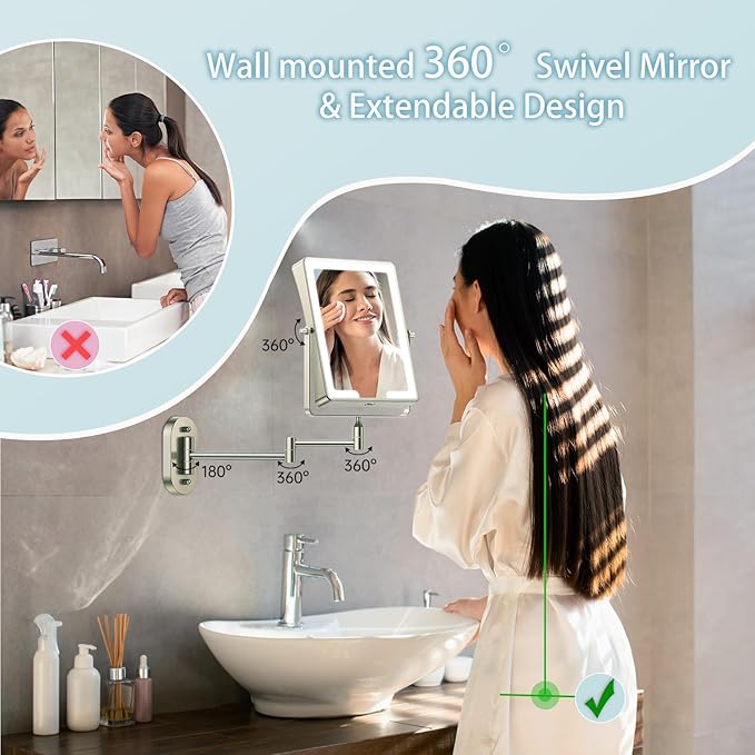 FASCINATE Rechargeable Wall Mounted Makeup Mirror with Lights, Bathroom Mirror Rectangle 8.7 Inch Double Sided 1X 10X Magnifying Mirror with 3 Color Setting Extended Arm 360° Swivel Foldable Bronze