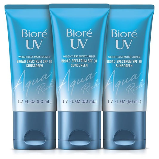 Bioré UV Aqua Rich SPF 30 PA+++ Daily Moisturizer Sunscreen for Face, For Sensitive Skin, Oil Free, Hyaluronic Acid, Vegan, Oxybenzone & Octinoxate Free, Dermatologist Tested, 1.7 Oz/3pk