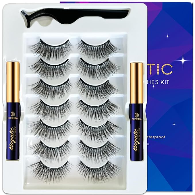 DUOERLA Magnetic Eyelashes with Eyeliner Kit -7 Pairs Wispy Cat-Eye Magnetic Lashes Natural Looking - Upgraded Long Lasting,Reusable,Cruelty Free&Vegan,Easy 3D Fake Eyelashes with Applicator.