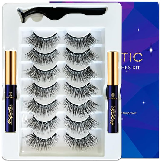 DUOERLA Magnetic Eyelashes with Eyeliner Kit -7 Pairs Wispy Cat-Eye Magnetic Lashes Natural Looking - Upgraded Long Lasting,Reusable,Cruelty Free&Vegan,Easy 3D Fake Eyelashes with Applicator.