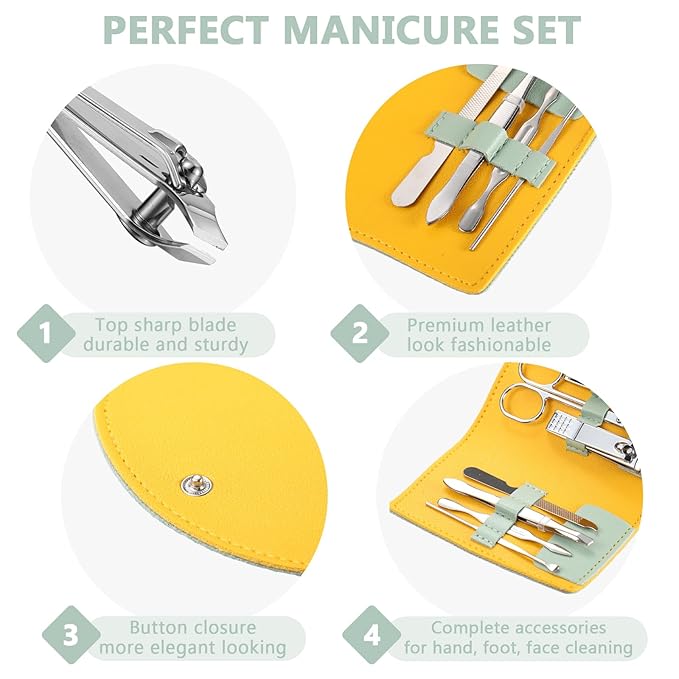 12 Set Manicure Set Bulk Mini Manicure Nail Clipper Kit 7 in 1 Stainless Steel Professional Nail Care Pedicure with Travel Portable Bag Grooming Kits for Women Men Home(Light Green)