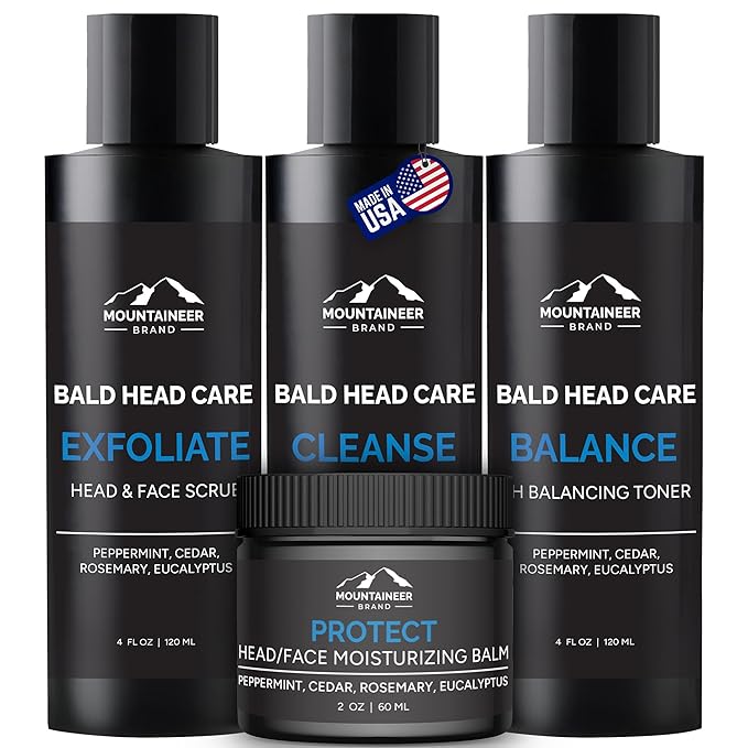 Mountaineer Brand Bald Head Care For Men | All Natural 4 Step Daily Skin Care for Healthy Scalp & Face | Exfoliate and Scrub | Cleanse Wash | Shine Away PH Balance | Protect Moisturizing Balm | 4oz