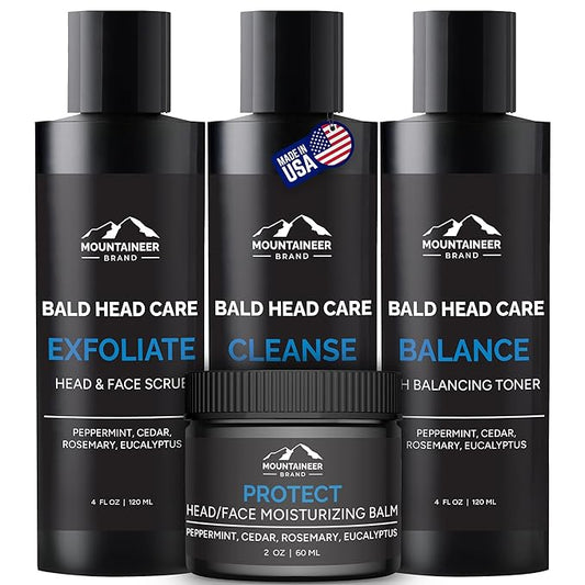 Mountaineer Brand Bald Head Care For Men | All Natural 4 Step Daily Skin Care for Healthy Scalp & Face | Exfoliate and Scrub | Cleanse Wash | Shine Away PH Balance | Protect Moisturizing Balm | 4oz