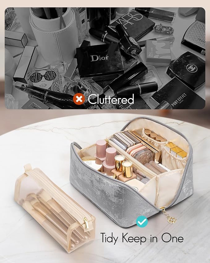 Vlando Travel Makeup Bag Portable Travel Toiletry Bag for Women PU Leather Open Flat Make up Organizer for Toiletries,Christmas Birthday Gifts for Wife Mom Girls(Silver)