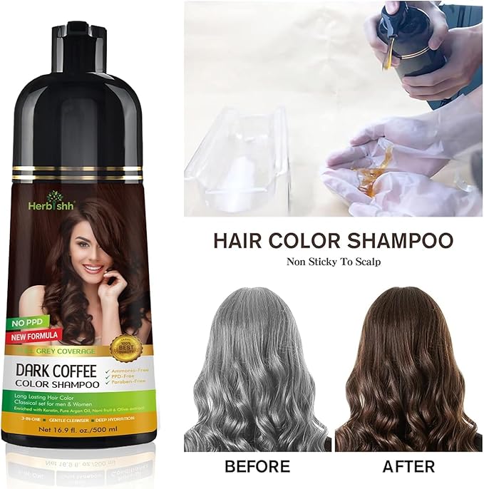 Herbishh Dark COffee 3 in 1 Hair Dye Shampoo (Pack of 2)16.9 FL Oz Each and Pro Keratin Argan Oil Hair Mask 5.07 Fl Oz Combo for Dry Damaged Hair 150 ML - Long Lasting Grey Hair Color for Men & Women