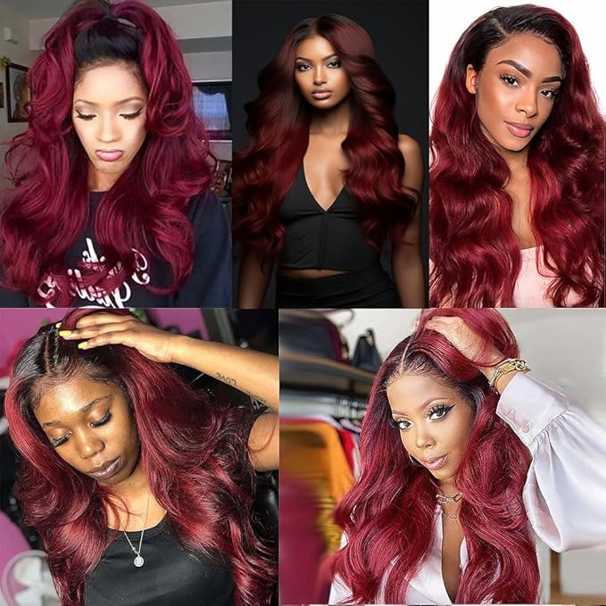Ombre 99J Bundles 1B99j Human Hair Body Wave Bundles Black to Burgundy Body Wave Bundles two tone Brazilian Human Hair Weave Wet and Wavy for Woman 14 16 18 Inch