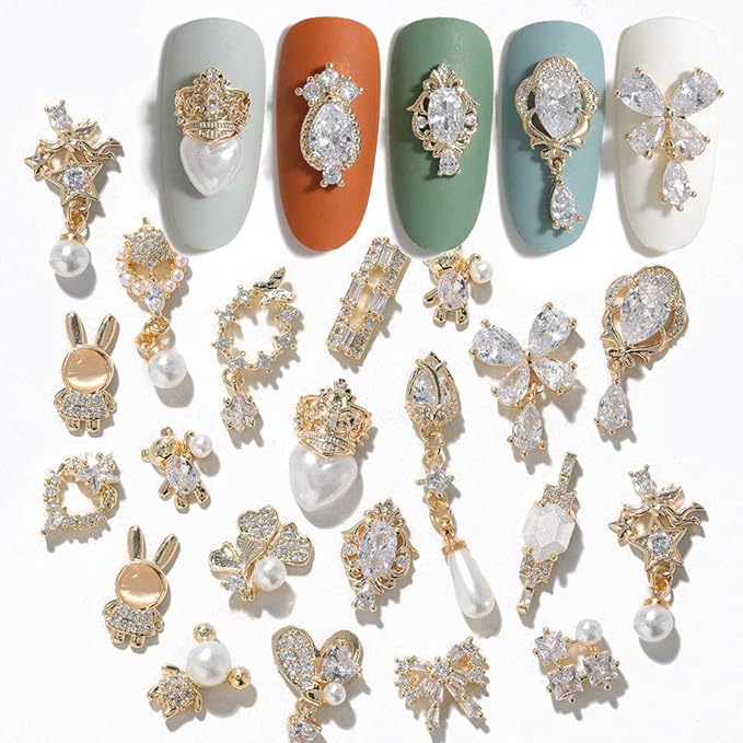 30Pcs Nail Art Crystal Pearl Charms Mix Shapes Zircon Dangle Rhinestones Nail Jewelry 3D Dangle Nail Charms Crystal Metal Nail Gems Nail Flowers Jewelry Studs for Nail DIY