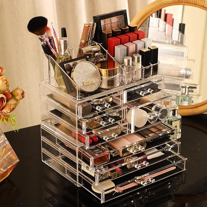Cq Acrylic 3 Pack Clear Make Up Organizers - Stackable 8 Drawer Organizer for Vanity, Desk, Jewelry, Beauty & Skincare Products