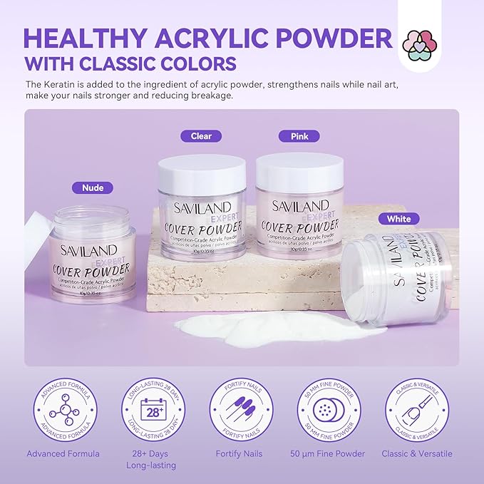 SAVILAND French Acrylic Nail Kit: Beginner Nail Kit Acrylic Set Easy to Use Acrylic Powder and Liquid Set with Half Cover Nail Tips Acrylic Nail Brushes Nail Tools for DIY French Manucure Kit