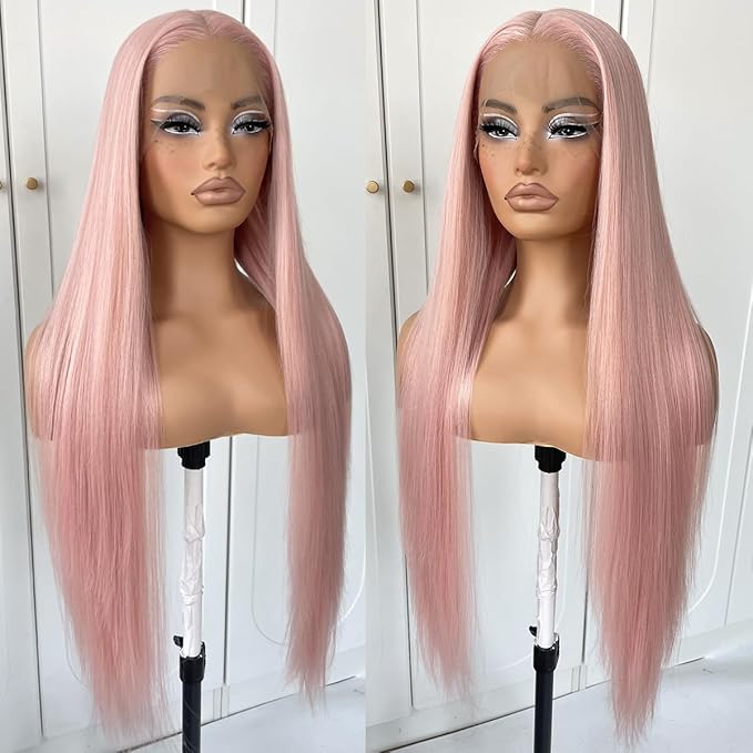 32inch Pink Wig - Straight Light Pink Lace Front Wig Pre Plucked Glueless Synthetic Long Straight Wear And Go Lace Front Wig For Women Daily Party Cosplay Wear