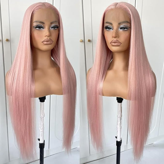 32inch Pink Wig - Straight Light Pink Lace Front Wig Pre Plucked Glueless Synthetic Long Straight Wear And Go Lace Front Wig For Women Daily Party Cosplay Wear