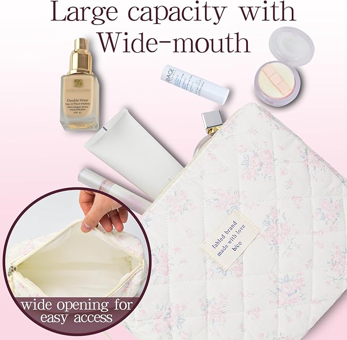 Makeup Bag, 3 PCS Quilted Makeup Bag, Cute Floral Cotton Cosmetic Bag set, Coquette Makeup Pouch Large Travel Toiletry Bag