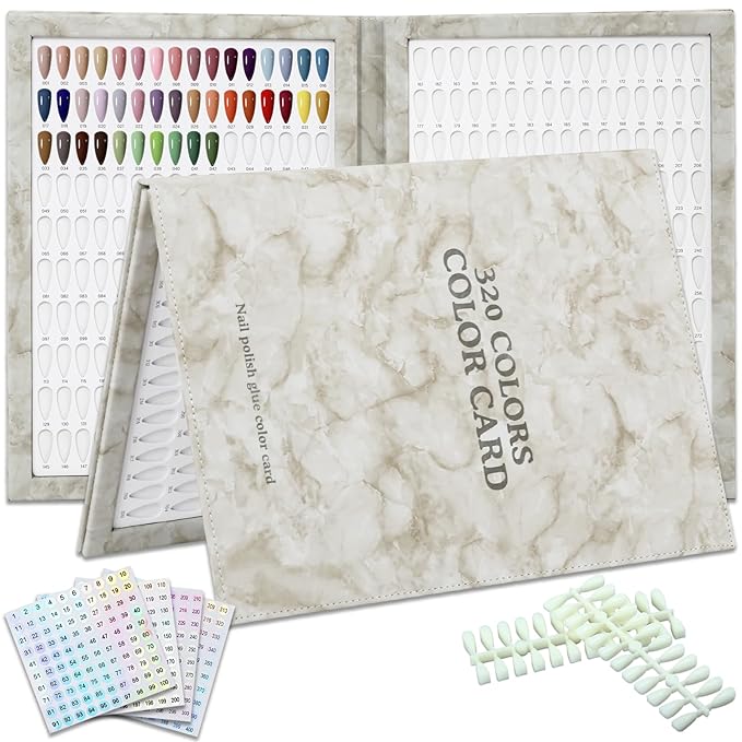 320 Nail Color Chart Book,Leather Nail Color Display Book with 480 Nail Tips & 1-400 Number Labels,Professional Nail Color Chart Display Book for Nail Polish Nails Art Design(Grey)
