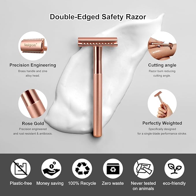Premium Rose Gold Safety Razor – Swedish Steel Blades, Solid Copper Long Handle, Luxury Shaving Gift for Men & Women