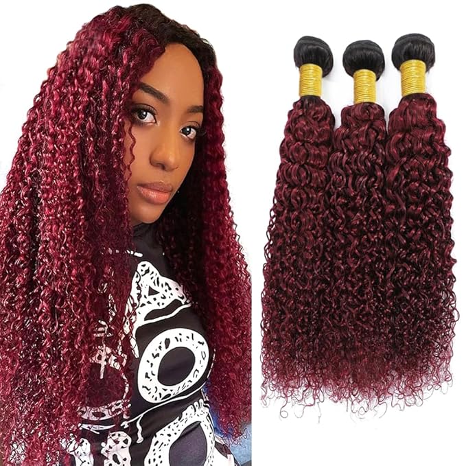 Ombre 1B99j Human Hair Curly Bundles Burgundy Curly Hair Bundles Black Mixed With Burgundy Grade 8A Two Tone Brazilian Human Hair Extensions Soft and Silky for Black Women 20 22 24 Inch