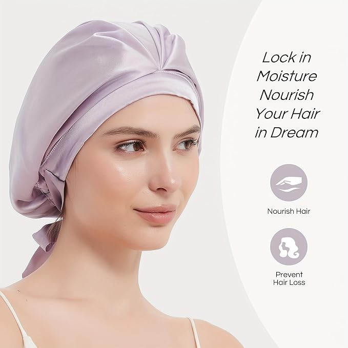 RachelSilk 100% Mulberry Silk Sleep Cap, Grade 6A 19 Momme Silk for Women Hair Care, Silk Night Bonnet with Elastic Stay On Head, Silk Cap after Shower, for Small -Medium Head Size (Lavender)